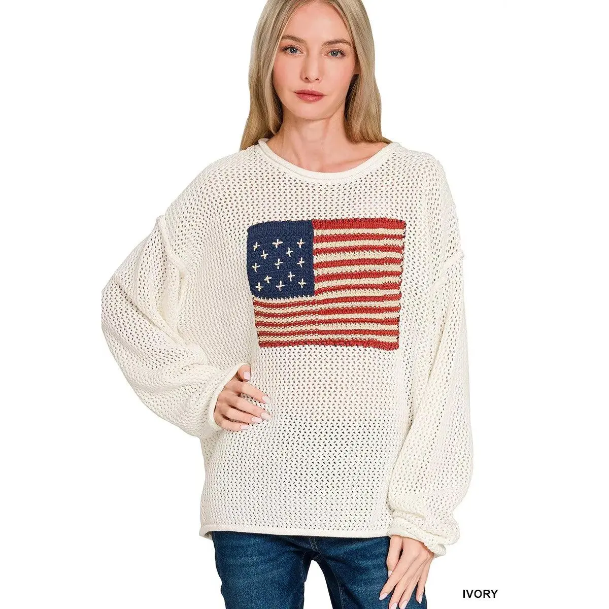 Zenana American Flag Crew Neck Sweater