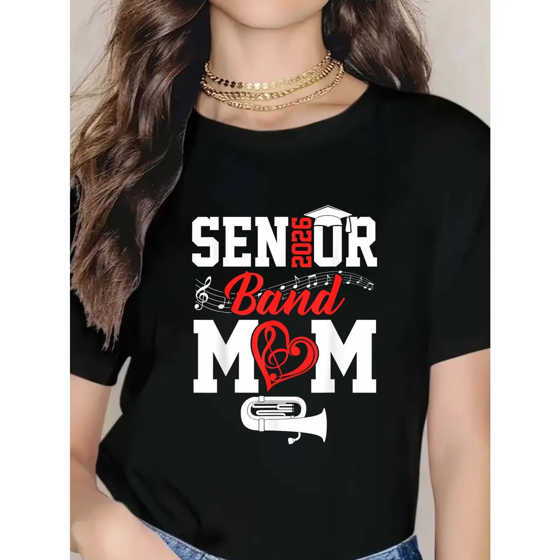 Women's 100% Cotton Short-Sleeve Round-Neck T-Shirt, Cute Style Tuba Design, Unisex "Mom" Senior Marching Band Top for Class of 2026, Breathable Fabric, Shortsleeve, Tshirt, Aesthetic, Casual, Fit, Tee, Soft, Print