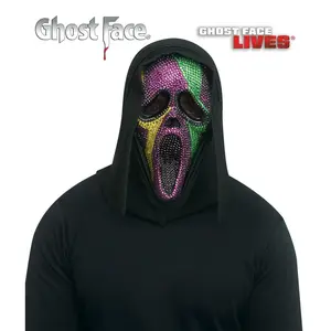 Ghost Face Scream Mask with Mardi Gras Bling - Purple, Green, Gold Rhinestones, Black Sparkle Shroud - Officially Licensed Fun World Mask