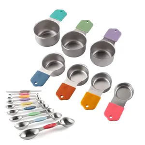 GAOMON 16PCS 304 Stainless Steel Magnetic Measuring Cup & Spoon Set, Colorful, 14.5 * 8.2 * 5.5cm, with Silicone Strip & Leveler
