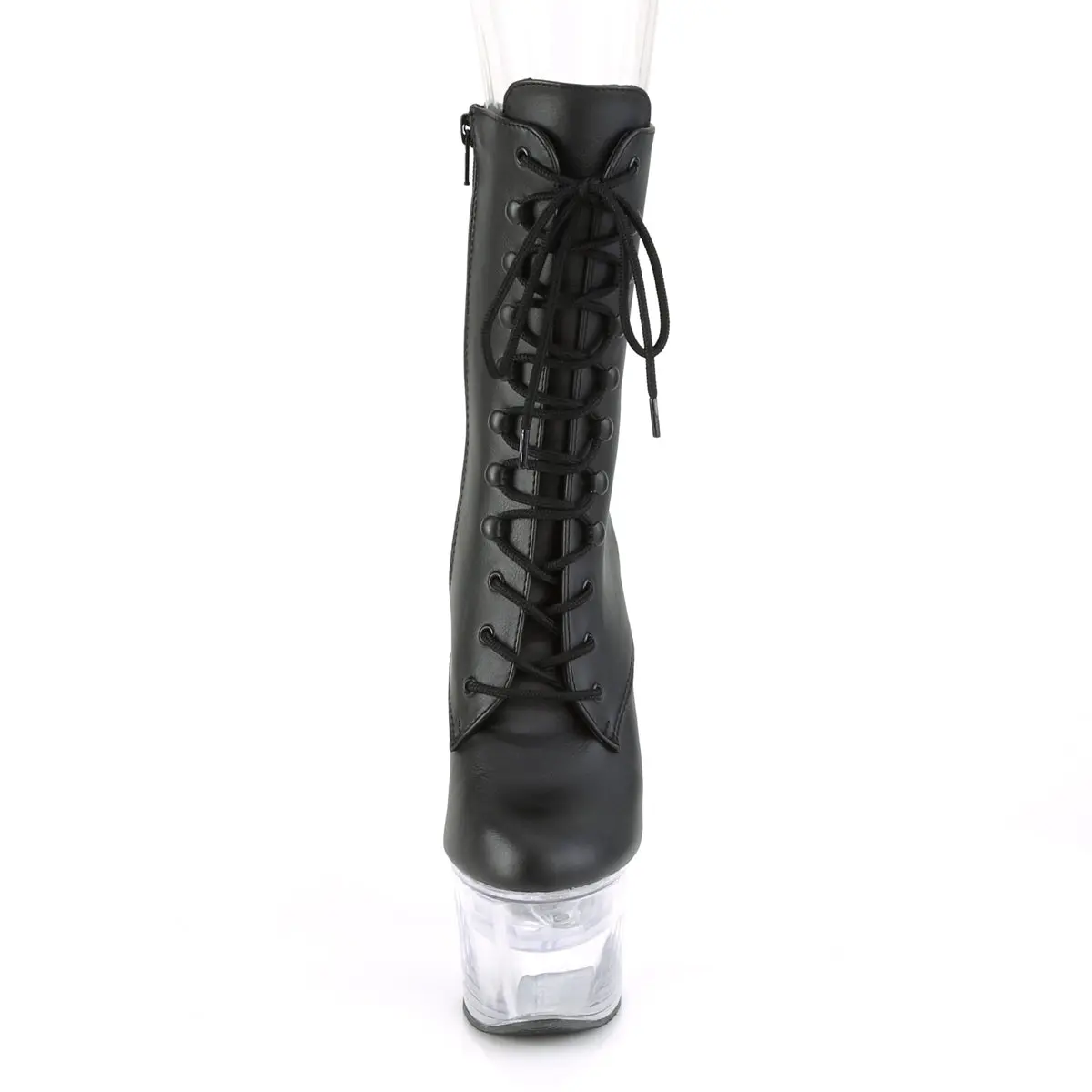 Women's Synthetic PU Leather Lace-Up Platform Ankle Boots - Black Heeled Footwear with 7" Heel, 2.75 inches Platform, USB-Chargeable Color-Changing LED Lights
