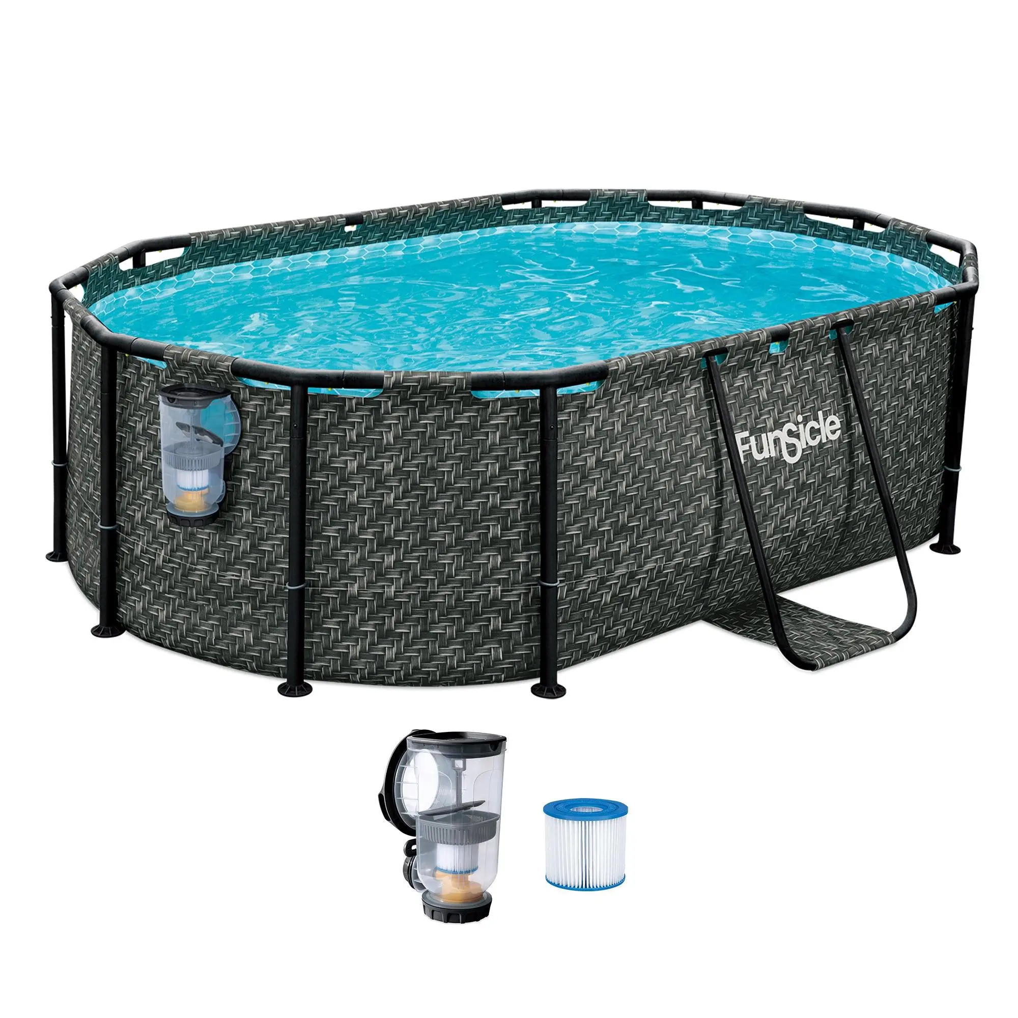 Funsicle 9'10" Oasis Designer Oval Above Ground Pool w/ Pump, Dark Herringbone