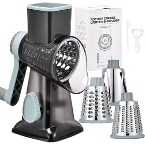 Rotary Cheese Grater with Handle Kitchen Shredder Slicer Grater Slicer Ice Shaver Cheese Vegetable Nuts Potato Zucchini Chocolate 3 Interchangeable Blades (GreyBlue