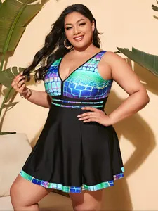 【 Plus Size】 Tankini Set, Casual V Neck Sleeveless Swim Top & Swim Bottom Two-piece Swimsuit, Tankini Swimsuits Women for Beach Holiday Vacation, Women's Swimwear for All Seasons