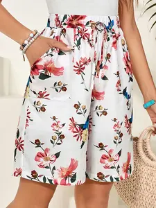 Summer New Floral Print Wide Leg Shorts for Women, High Waist Drawstring Casual Five-Quarter Pants, Comfortable and Stylish