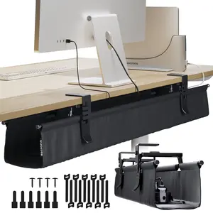 Ascrono CableCare No Drill Under Desk Cable Management Tray for Desk Wire Management - Premium Fabric to Hide Cords - Clamp/Screw Mount - Supports Up to 66lbs