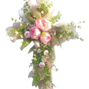 large handmade beautiful easter cross front door wreath with flowers Hanging Decor Decoration Decorative