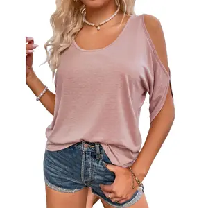 Women Cold Shoulder Tops Summer Short Sleeve Shirt Scoop Neck Tee Casual Loose Fitting Solid Color Tunic Top