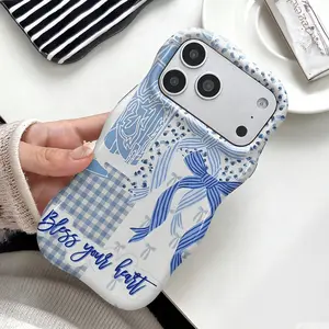 Preppy Blue Bow Coquette Phone Case ,Cute Wavy Curved Edge Glossy Protective Shockproof Rugged Cover, Dual Layer Soft TPU Bumper Hard Shell Design for iPhone 11 12 13 14 15 16 17 Pro Max Air, Gingham & Leopard Accent Design