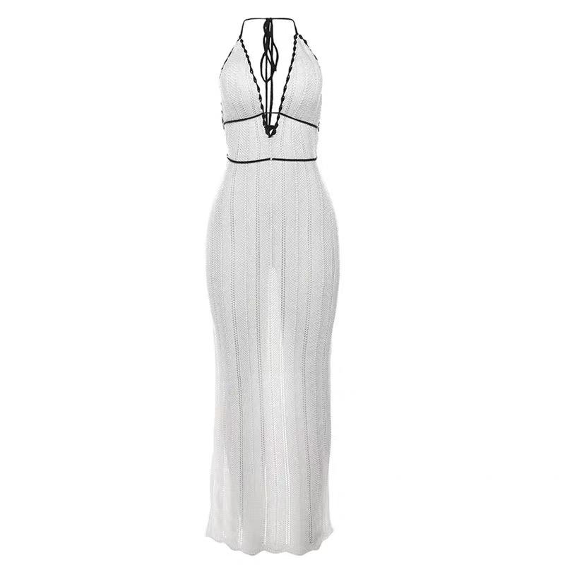 Summer Y2K Women Sweater Dresses Halter Neck Backless Knit Maxi Dress Waist Cinched Boho Beach Vacation Festival Resort Wear Casual