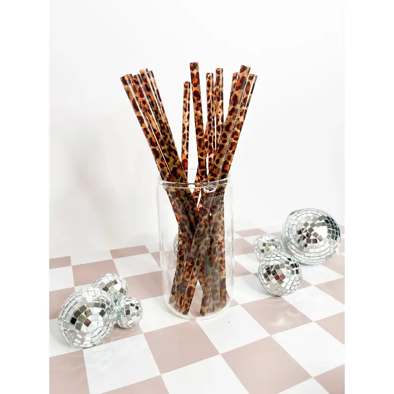 Pink Animal Print Drink Straws, 20-Pack 9" BPA-Free Plastic Set for Parties, Home Coffee Bar, Dirty Soda & Birthdays, Leopard Print, Iced Coffee, Cute Aesthetic, Reusable, Pink Leopard, Hosting, 20 Pcs, Multiple Styles, Pp Food-Grade