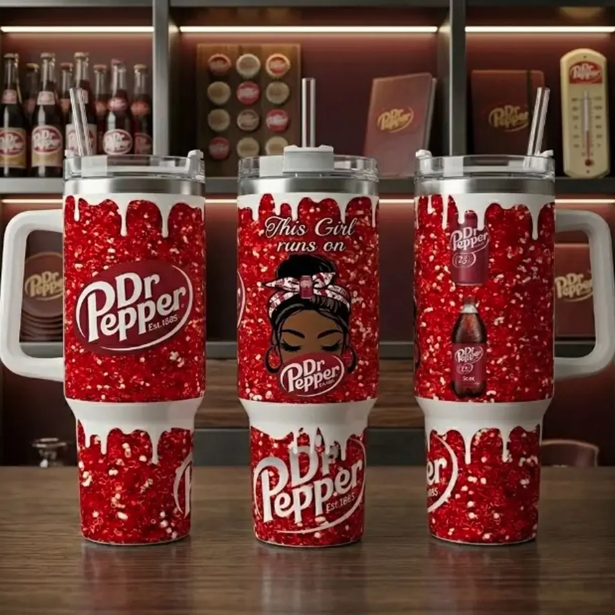 Dr Pepper 40oz Insulated Tumbler With Handle & Straw, This Girl Runs On Dr Pepper Glitter Tumbler, Red Sparkle White Drip Stainless Steel Travel Mug, Cute Soda Lover Gift, Trendy Beverage Cup For Women, Dr Pepper Fan Merch