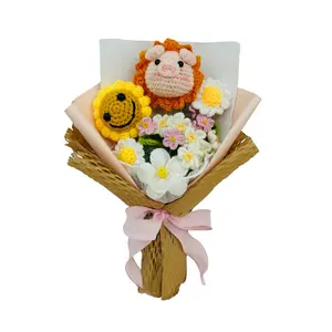 Handmade Crochet Smiling Sunflower Cute Pig Doll Bouquet, Mother's Day Friend Lover Child Party Gift, Fake Flower Arrangement Knit Memorial Present, Crochet Artificial Flowers