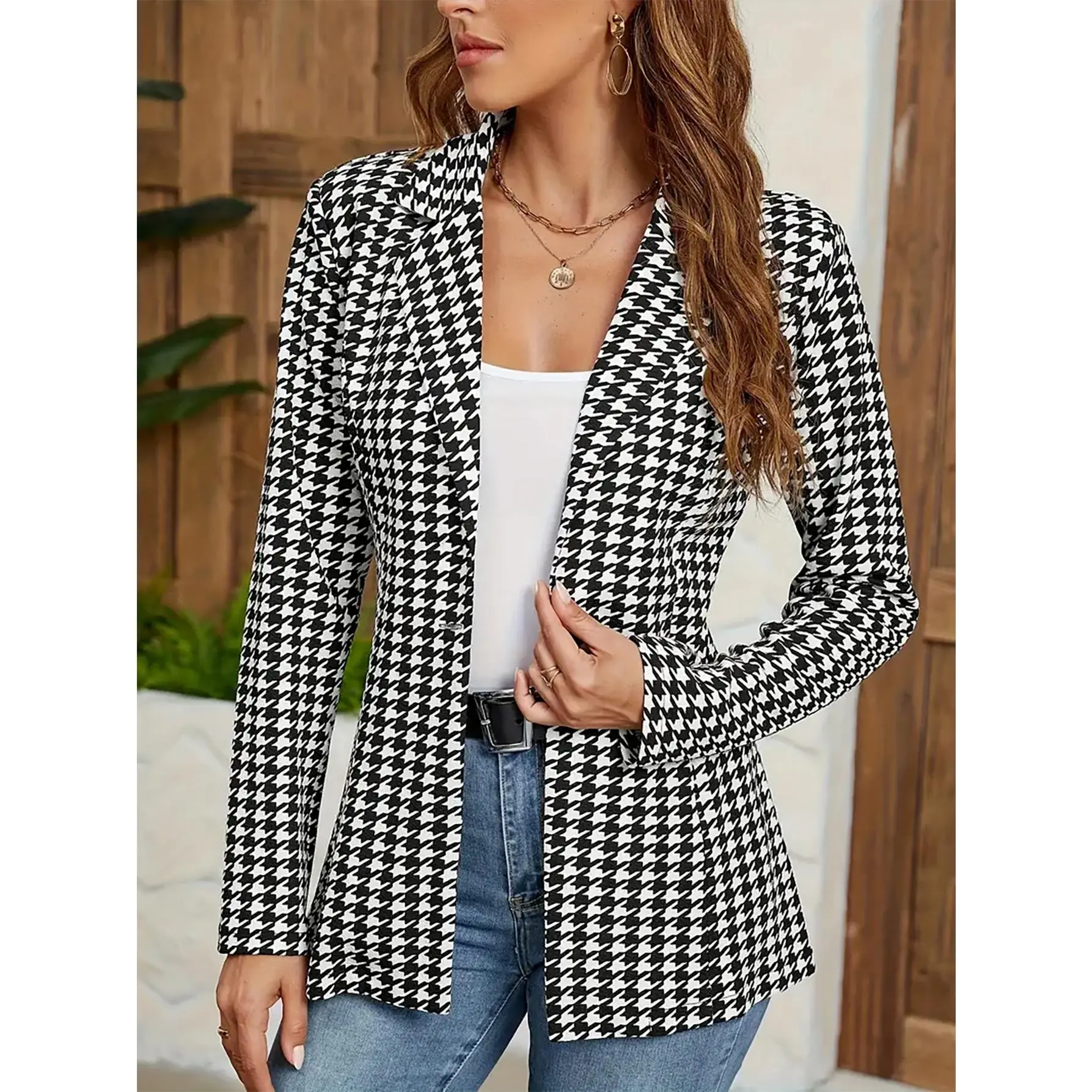 Women's Houndstooth Blazer Long Sleeve Single Button Tailored Fit Blazer with Belt Accent Versatile Casual Office Date Fashion Blazer Top for Women