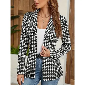 Women's Houndstooth Blazer Long Sleeve Single Button Tailored Fit Blazer with Belt Accent Versatile Casual Office Date Fashion Blazer Top for Women