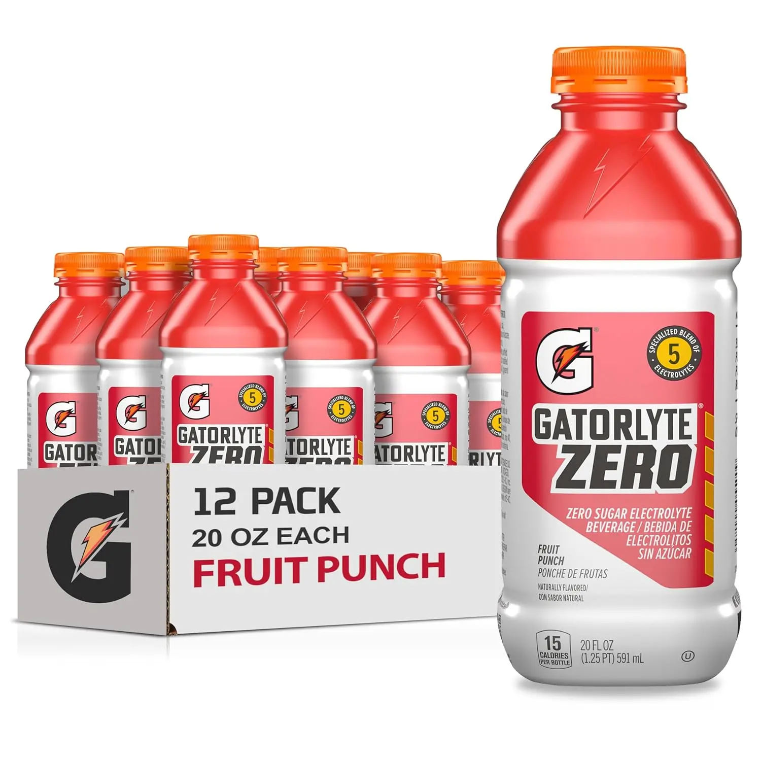 Gatorlyte Zero Sugar Electrolyte Drink, Fruit Punch, 20 fl oz Bottles (12 Pack), 5 Electrolyte Blend, 15 Calories, No Artificial Flavors or
