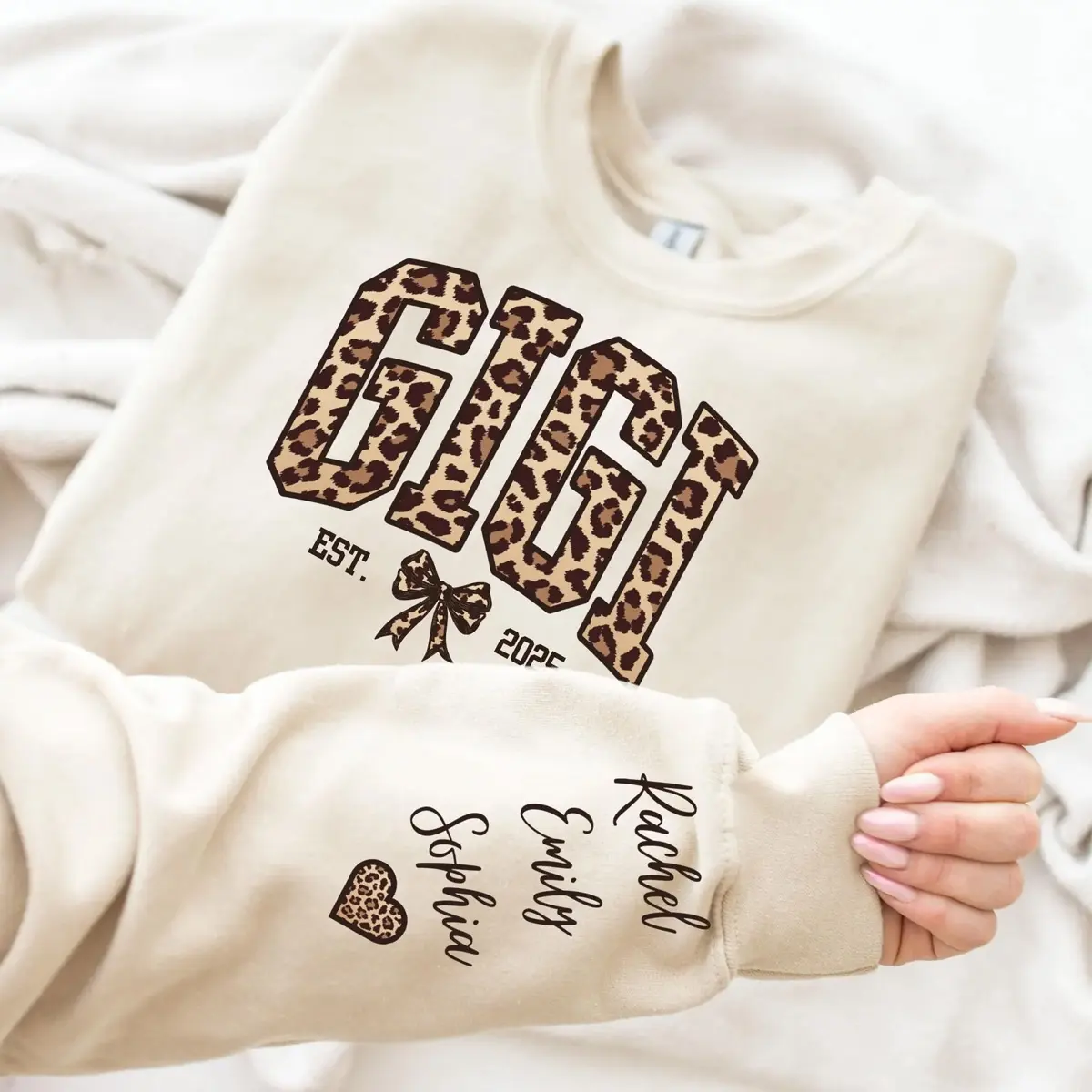 Custom Leopard Gigi Sweatshirt, Personalized Name Sleeve, Gift For Gigi, Mother's Day Gift