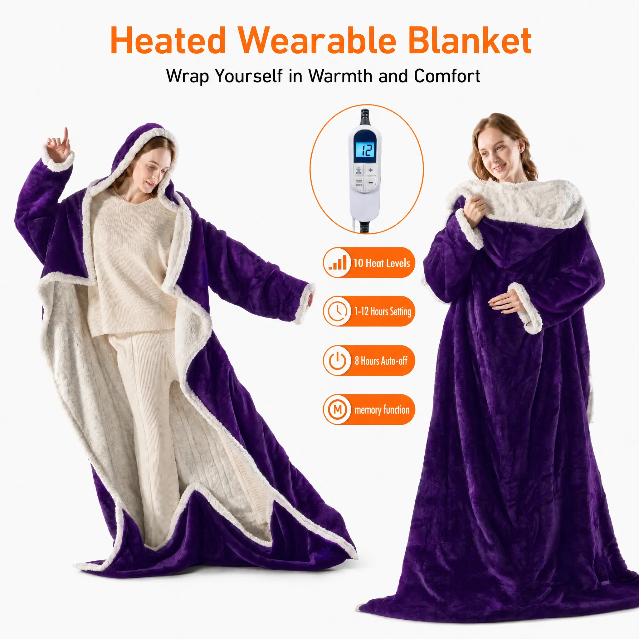 Cosybay Wearable Heated Blanket with 10 Heat Levels 12H Timer 8H Auto Shut-off Smart Memory Overheat Protection Machine Washable Hypoallergenic,Electric Wearable Throw Blanket with Sleeves, Hood, Portable Heated Blanket,Gift for Family, Friends, 50*70"