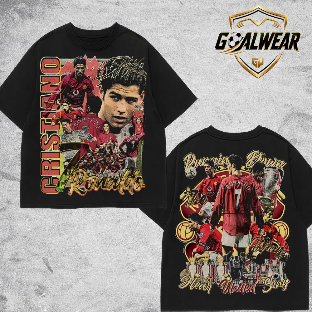 Goalwear - Cristiano Ronaldo #7 Graphic Tee Shirt, Vintage Soccer Legend T-Shirt, Red Era Football Icon Tee, Black Oversized Streetwear Shirt, Retro Match Day Fan Gift US