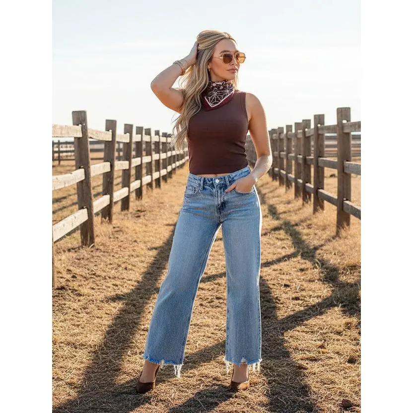 Women's Denim Wide Leg Pants, Mid-Rise, Frayed Hem, Spandex-Blended Women's Bottoms