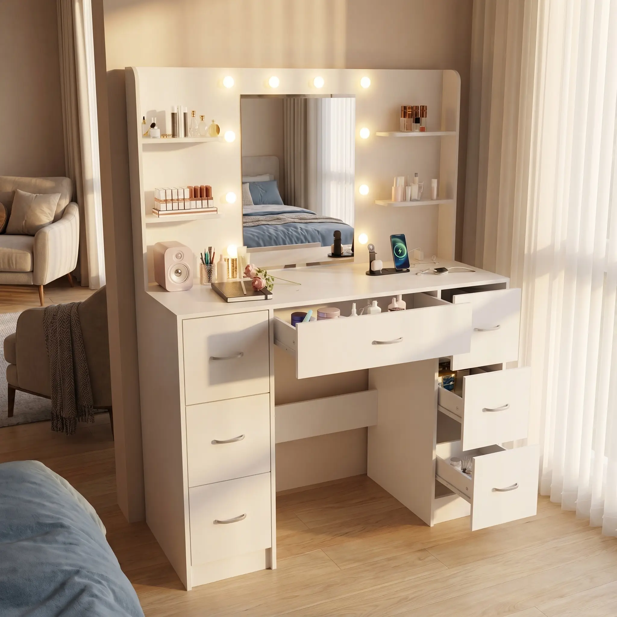 Large Vanity Desk with LED Lighted Mirror & Power Outlet,Makeup Vanity Table with 7 Drawers and 6 Storage Shelves,Modern Bedroom Dressing Table apartment furniture