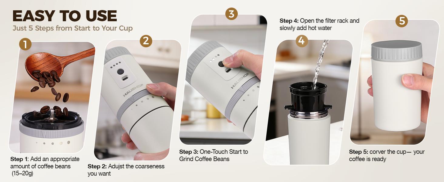 #backtoschool HAUSHOF Portable Coffee Grinder, Camping Coffee Makers, Portable Burr Coffee Grinder and Brewing Kit, Rechargeable, Personal Cordless Coffee Maker for Car, Camping, for Home Use