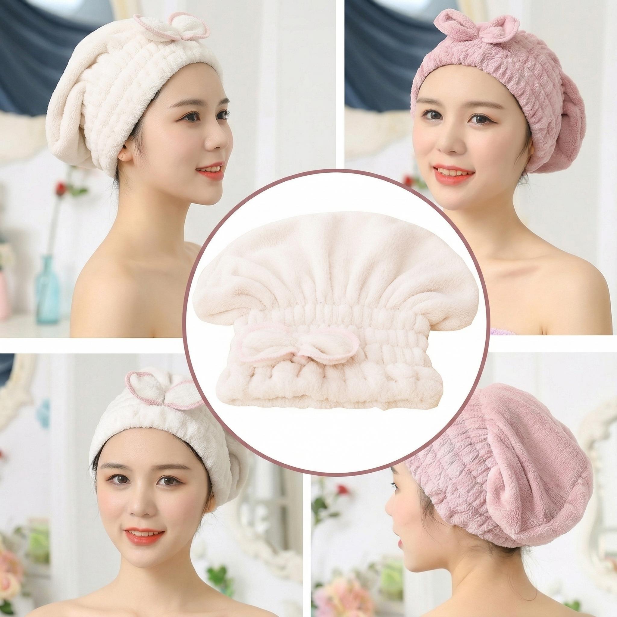 3 Pack Microfiber Hair Towel Cap for Women, Ultra Absorbent Quick Dry Hair Turban Wrap with Bow, Anti-Frizz Soft Hair Drying Towels for Wet Hair, Curly Hair, Skincare & Shower (Pink, Blue, Beige)