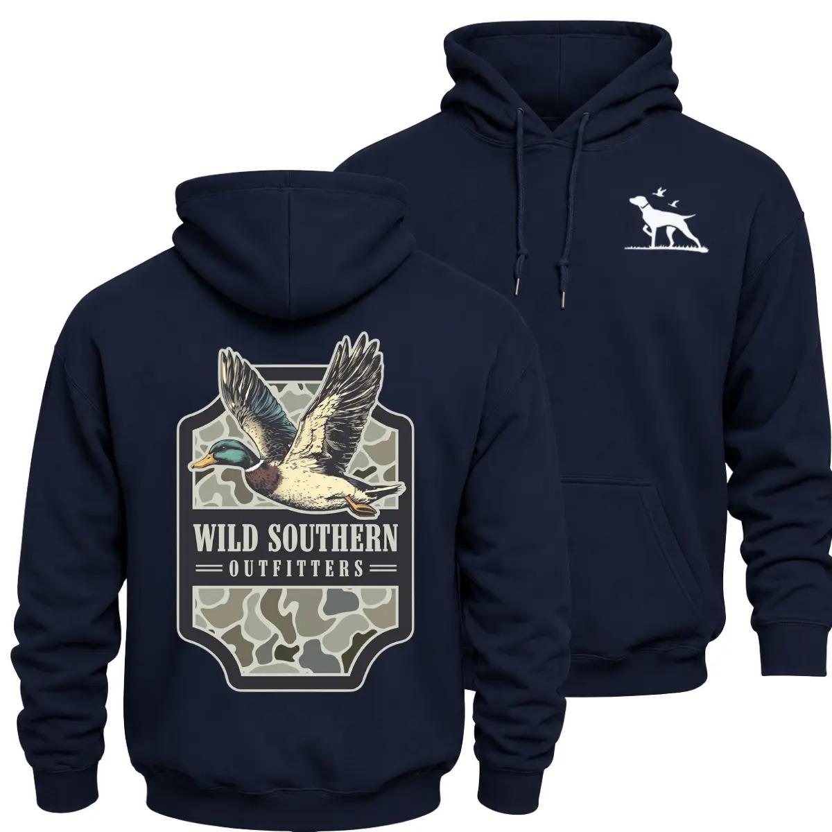 Flying Mallard Duck Camo Patch Hoodie, Southern Waterfowl Hunting Dog Graphic Pullover, Marshland Country Hunter Gift for Men Women