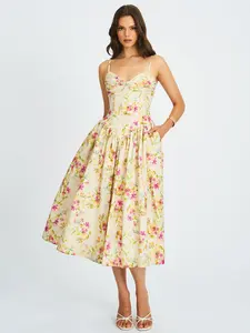 Jacinda Yellow Floral Print Ruched Breast Linen Midi Dress