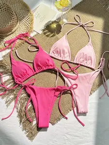 Women's Solid Ribbed Bikini Set, Solid Ruched Swimsuit, Halter Neck Tie Back Triangle Swim Bra & Tie Side Swim Panty Set, Ladies Summer Swimsuit for Beach Holiday Vacation