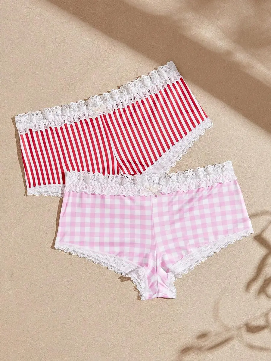 Plaid Lace Patchwork 3D Bow Decor Hipster Shorts