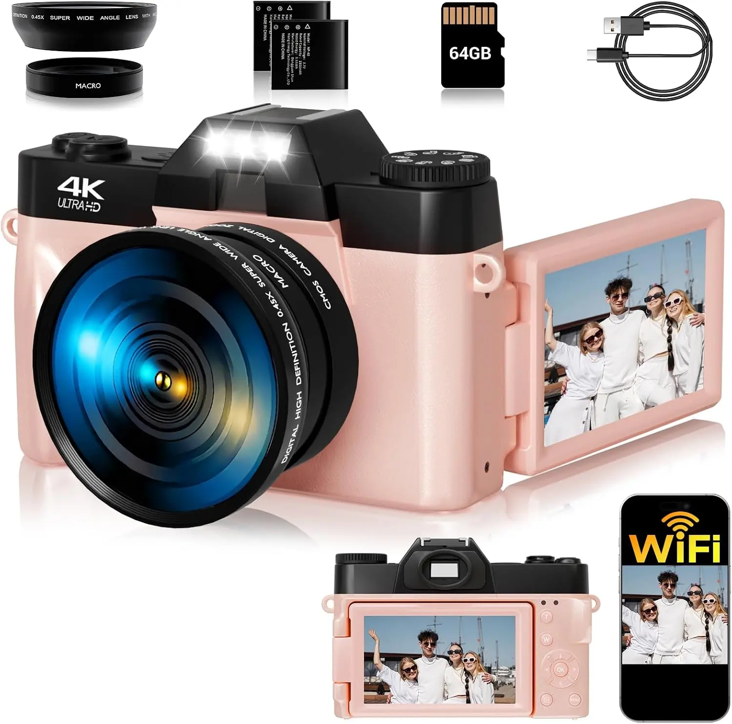 4K Vlogging Camera for Beginners, 75MP WiFi Digital Camera with 180° Flip Screen, 16X Zoom & Anti-Shake, Compact Point and Shoot Camera with 64GB SD Card and 2 Batteries
