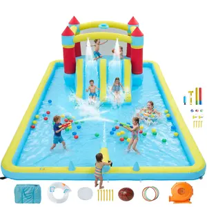 Inflatable Bounce House 14x11 FT with Slide & Splash Pool, 7-in-1 Kids Jump Castle with 350W Blower for Backyard