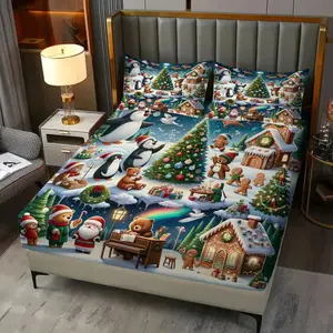 Christmas Gingerbread Man Fitted Sheet Set (3 Pcs) Includes 1 Fitted Sheet + 2 Pillowcases No Filler Christmas Candy Snowflake Bell Light Sleigh Patterns Family Bedroom Homestay Apartment Themed Room Gaming Room for Kids Girls Couples Family Friends