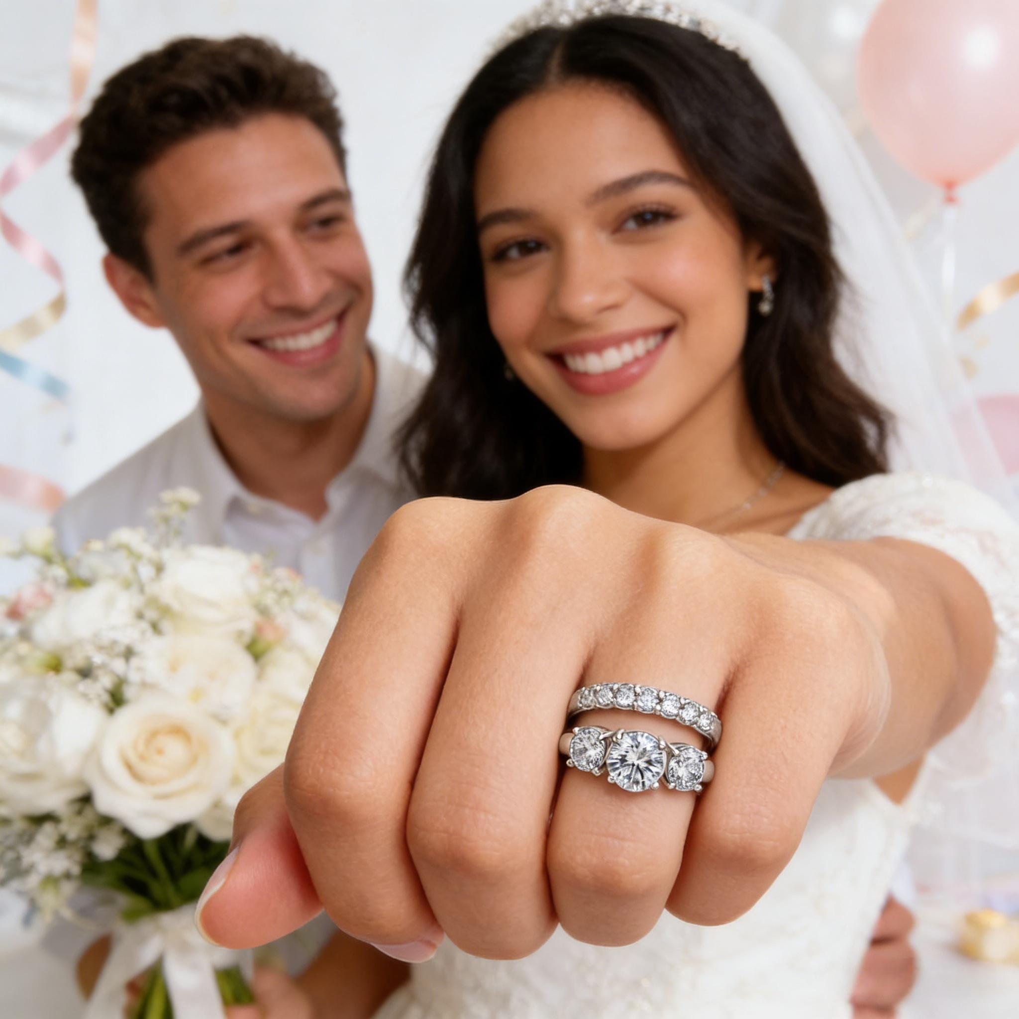 Women's 2-Piece Moissanite Three-Stone Ring Set — VVS1 Clarity Stackable Wedding Rings/ 14K Gold-Plated Engagement & Anniversary Jewelry Gift/ Comfortable Fit (Sizes 5–10)