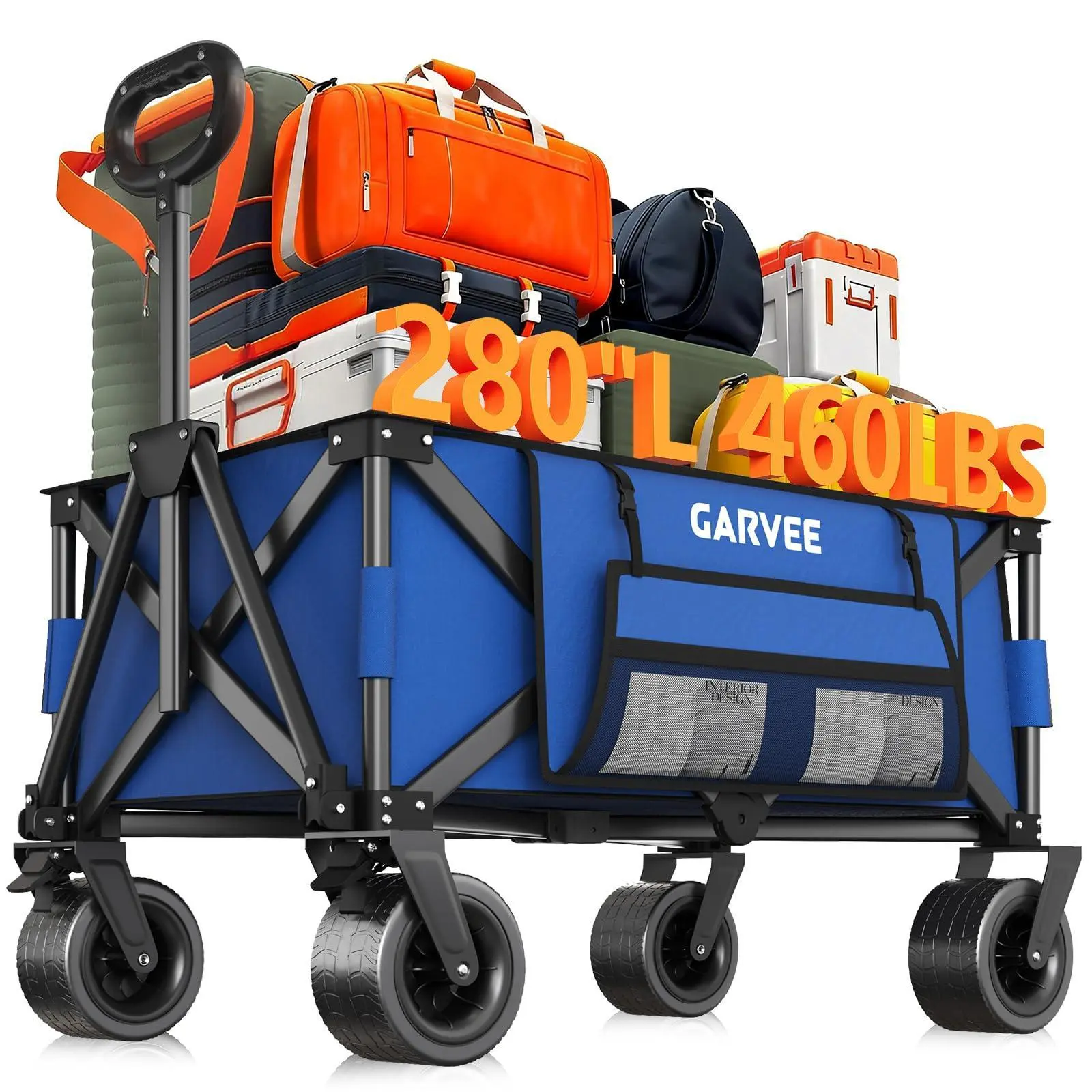 Gaomon Collapsible Foldable Utility Cart with Steel Frame, 460LBS Capacity, 280L Volume, All-Terrain Wheels, Adjustable Handle, Cup Holders, Waterproof Storage Cover, Elastic Rope, Easy Collapse - Blue for Groceries, Travel, Gardening, Sports