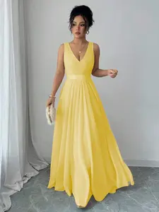 Sleeveless V-Neck Cinched Waist A-Line Elegant & Romantic Party Dress For Women Maxi Women Outfit