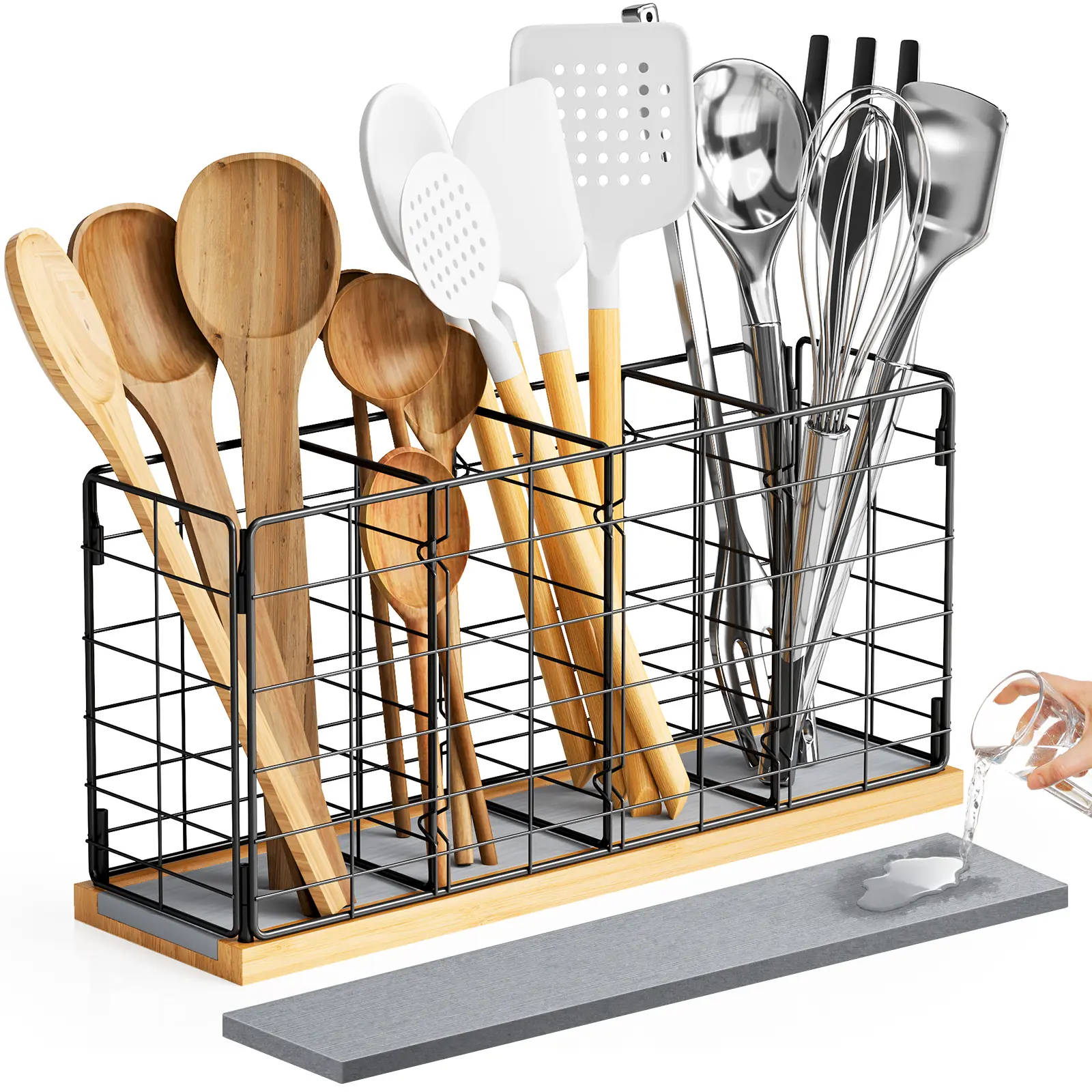 NiHome Metal Frame Square Kitchen Utensil Holder - Diatomaceous Earth Base, 4 Compartments, 14.96" x 4.3" x 7.28", Stable Load Hold, Excellent Ventilation, Fast Drying, Odor Control, Rustproof, No-Scratch Bottom, Holds 35–40 Spatulas Tongs Whisks