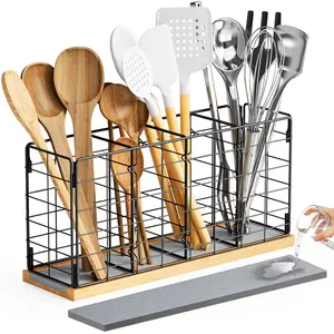 NiHome Metal Kitchen Utensil Holder with Diatomaceous Earth Base, Fast Drying & Odor Control, Large 4-Compartment Utensil Caddy for Spatulas, Tongs, Whisks, Rustproof Organizer with No Scratch Bottom