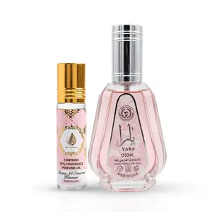 Yara Eau de Parfum Spray 50ml (1.7 oz) & Pink Blush Shams Al Emarat Khususi Roll-On Perfume Oil 10ml (0.34 oz) By Ard Al Zaafaran (Bundle)