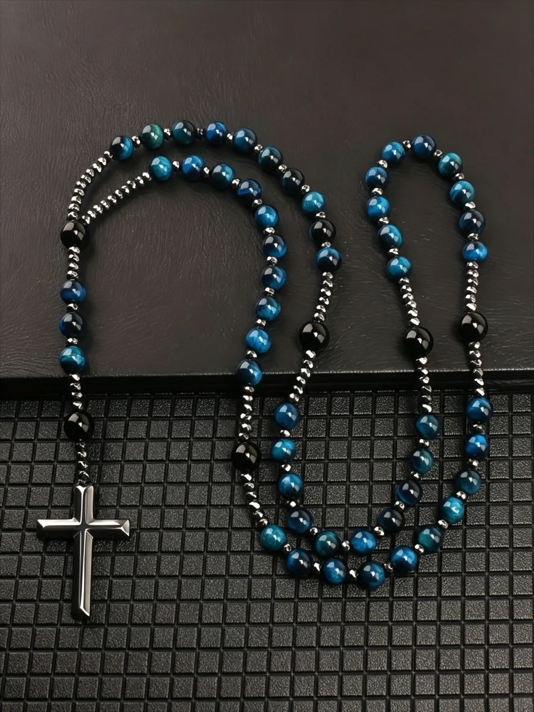 Fashion Hematite Bead Alloy Necklace with Blue Natural Stone Cross Pendant, Unisex Casual Jewelry for Daily Wear and Parties
