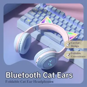 Wireless Headphones Cat Ear Kids Headphones Bluetooth LED Light Up Foldable Over Ear with Built in Microphone Cute Gift for Girls and Boys