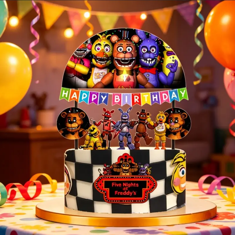 FNAF At Freddys -Anime Bear Themed Cake Topper Set, Cake Decorating, Birthday Cake Decorations, Happy Birthday Banner & Picks for Kids Party Decoration, 1Set Cartoon Character Cake Flag for Birthday Supplies