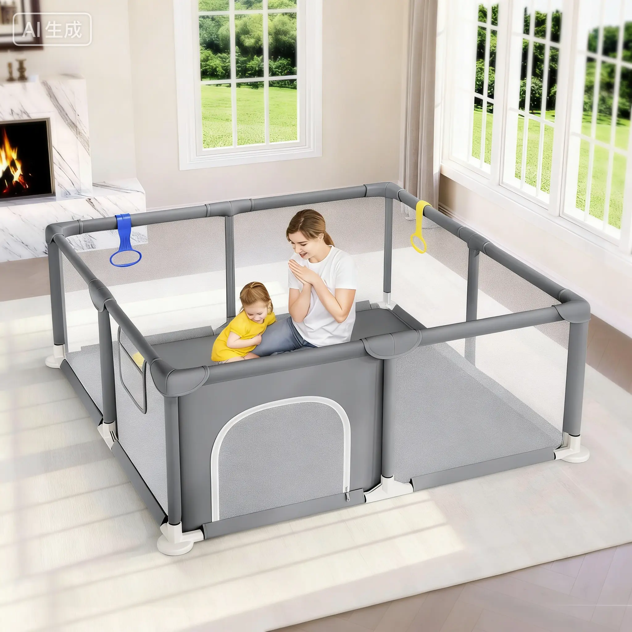 Grey Baby Playpen - 50×50 in Medium Baby Playpen, Enhanced Safety, Soft Breathable Visible Mesh, Anti-Fall Design, Easy Setup for Indoor & Outdoor Use
