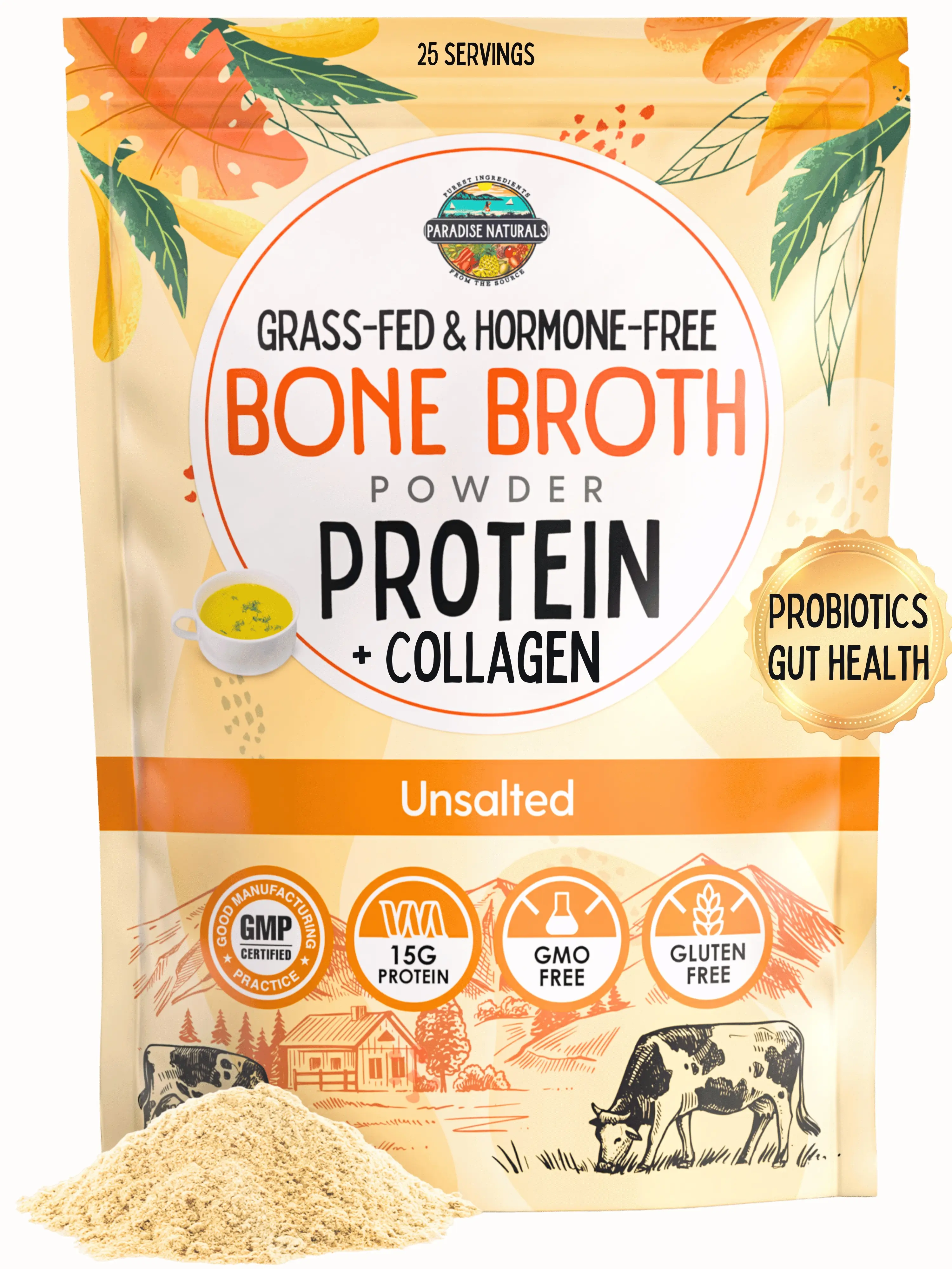 Paradise Naturals 100% Grass-Fed Bone Broth Powder with Active Probiotics - Collagen & Protein Rich - Digestion and Gut Health Benefits - Healthy Skin, Hair, Nails, Joints - Natural, Dissolves Smoothly