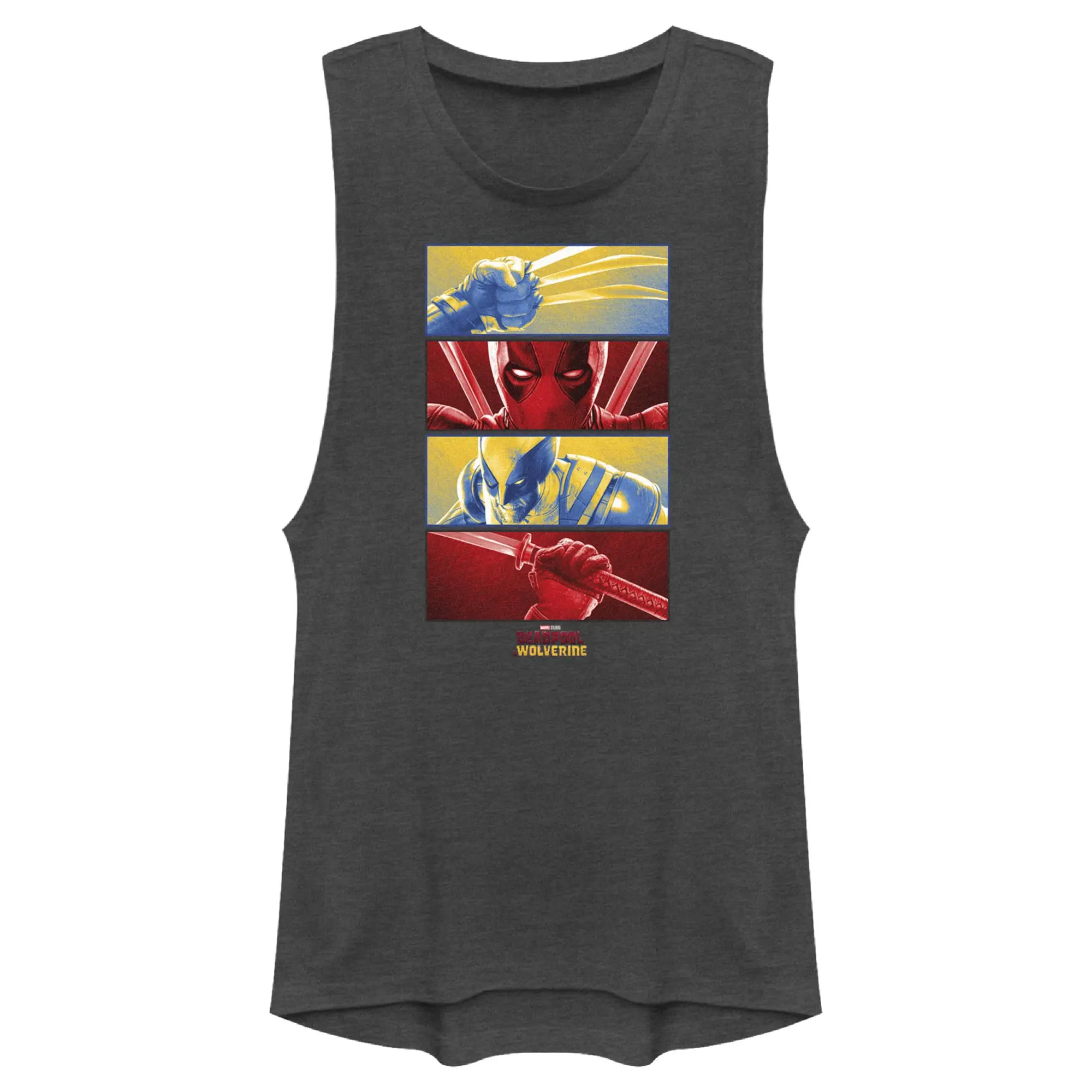 Women's Marvel Deadpool & Wolverine Sleeveless Fashion Graphic Printed Tank Top, Red-Yellow Panels Claws Theme Festival Casual Apparel, Panel Print