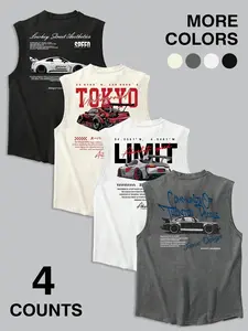 4-Pack JDM Car & Tokyo Street Aesthetic Graphic Casual Tank Tops | Racing Muscle Shirts Set