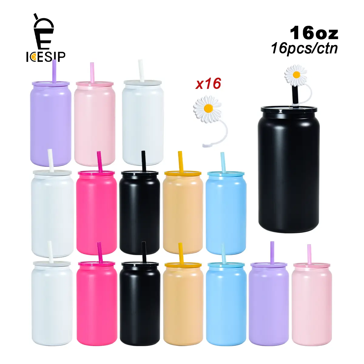 Icesip 16oz Sublimation Matte Mixed Color Stainless Steel Can Mason Jar Set (16pcs) - UV Sticker Compatible, DIY Tumbler, Water Bottles for Party Wedding Tumbler Gift