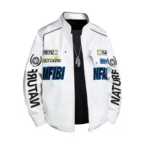 Men's White Streetwear Racing Jacket with NATURF & MFIBI Prints Stand Collar Casual Zip-Up Coat for Everyday Wear