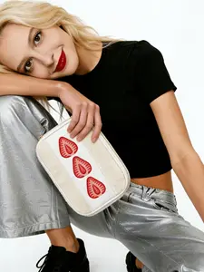 Strawberry Embroidered Plush Makeup Bag, Makeup Organizer Pouch, Soft Cute Girl Style, Skin-Friendly Fabric, Large Capacity, Portable Square Shape, Women Student Travel Home Use